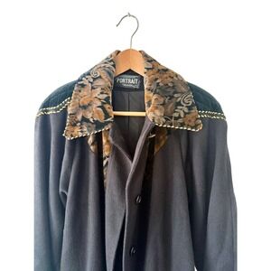 Vintage Portrait Maxi Coat M/L Black Wool Blend 80s Floral Velvet Trim